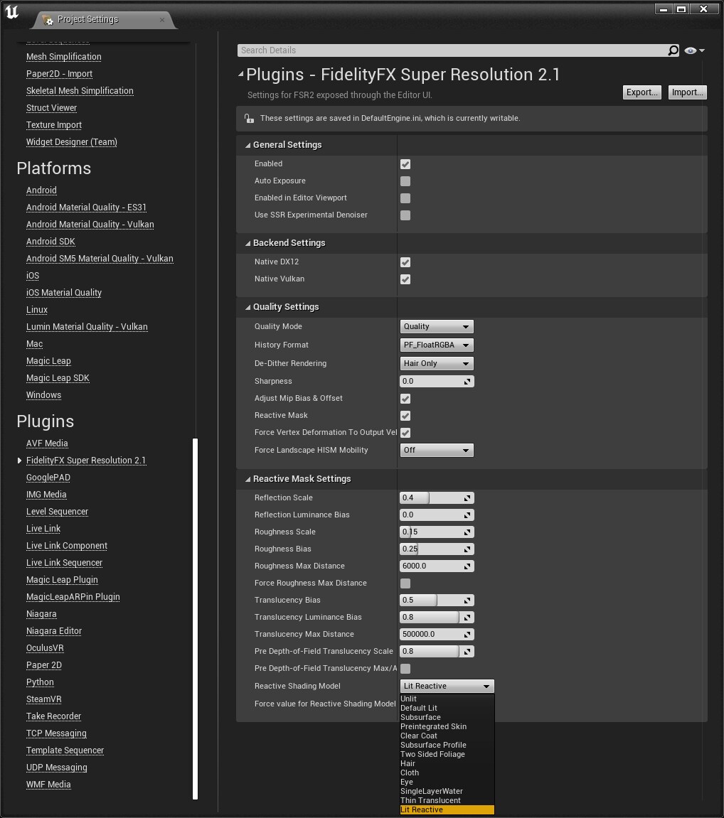 Select Lit Reactive as the Reactive Shading Model in FSR 2 settings