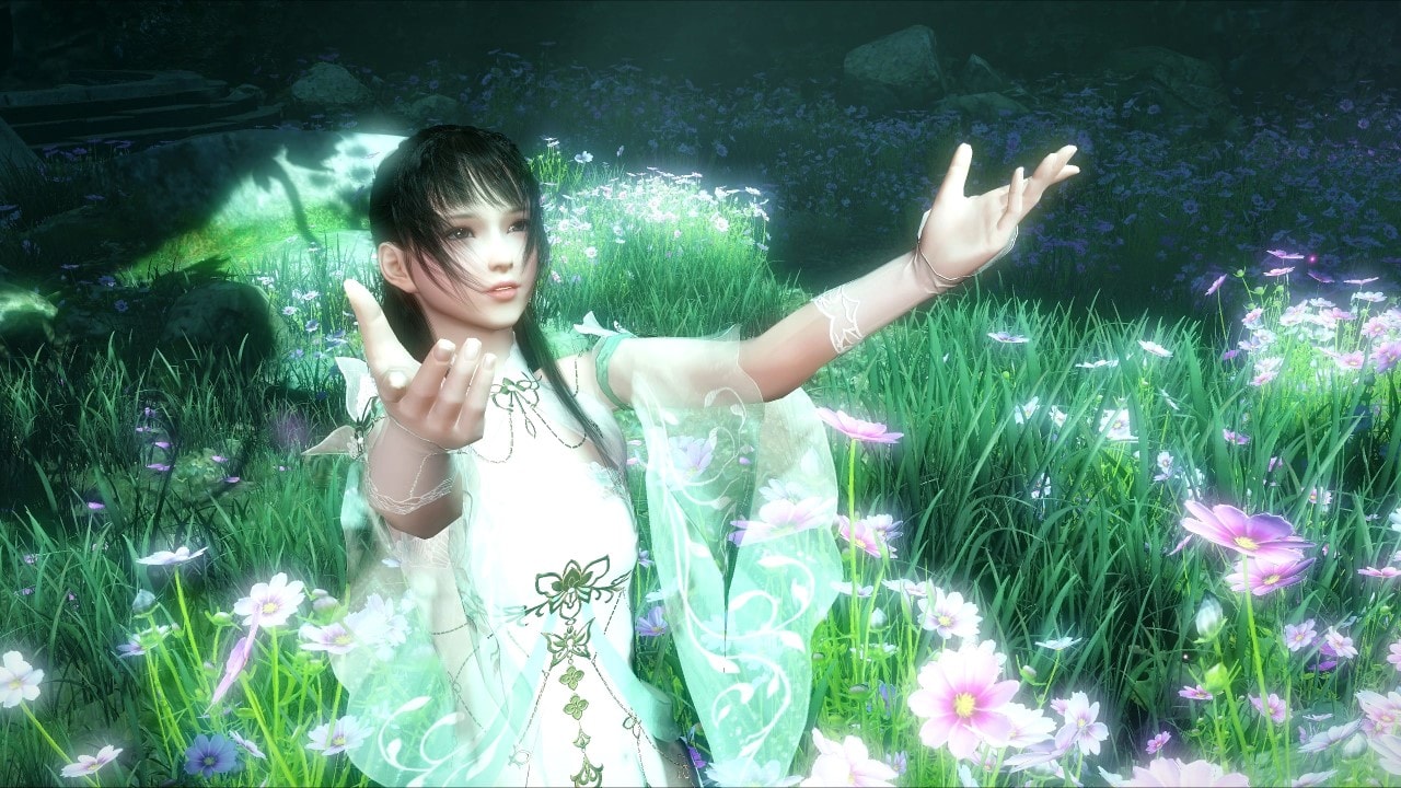 A character with hair rendered using AMD TressFX is in a field