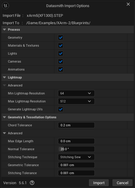Datasmith import menu