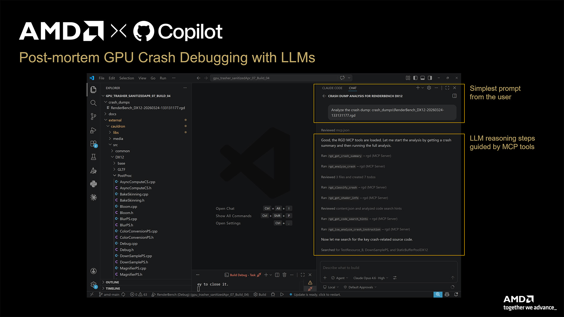 VS Code Copilot showing the user's initial crash analysis prompt alongside the project source file tree and the beginning of the LLM's reasoning steps