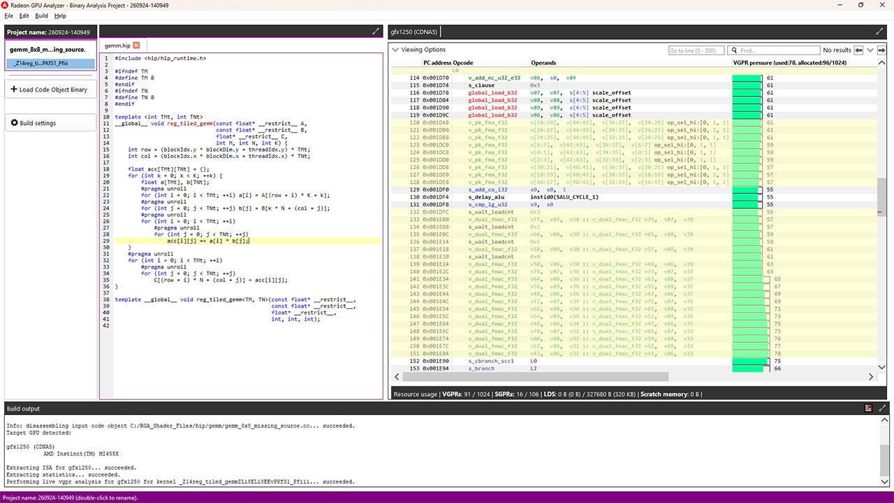 Source-to-ISA correlation for pre-compiled AMD GPU code objects with RGA 2.15