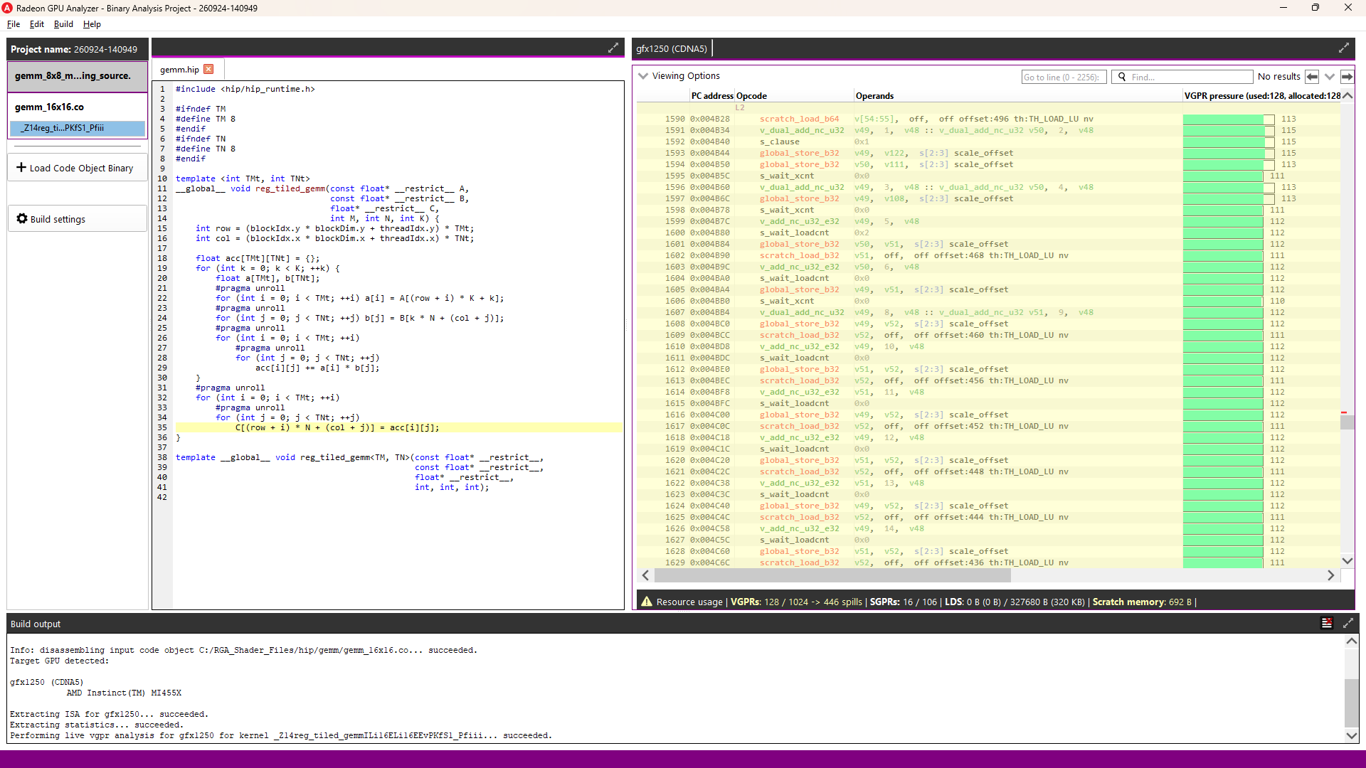 Line 35 selected on the 16x16 build, highlighting its scratch load/store spill instructions