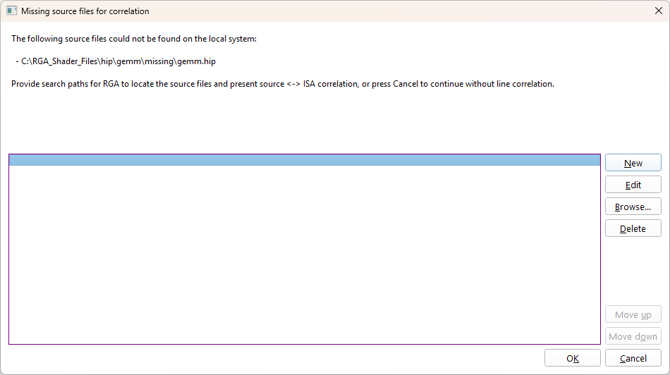 Missing source files for correlation dialog