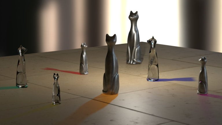 3D models of cats sit on a flat surface. Their shadows are pointed in opposite directions and are different colors.