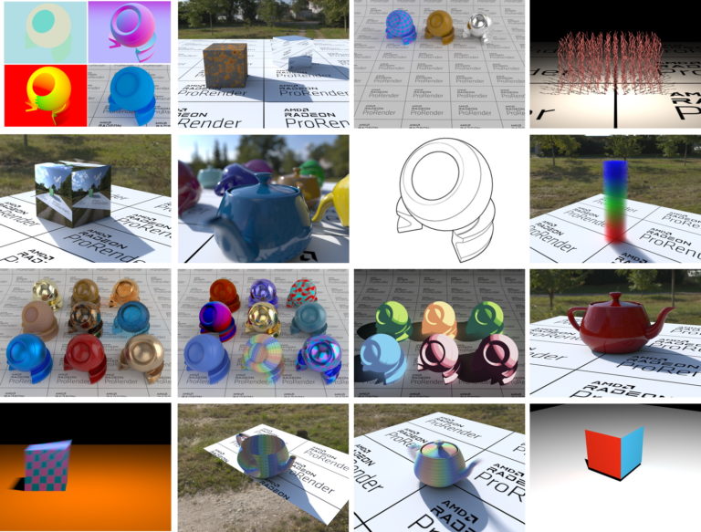 A grid of different screenshots showing various ProRender SDK samples.