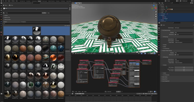 Screenshot of Blender GUI with the Materials library inset