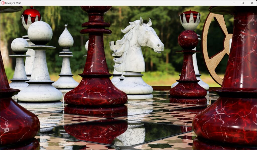 Pezzi di scacchi che mostrano riflessi che raffigurano i riflessi dello spazio sullo schermo AMD Fidelityfx