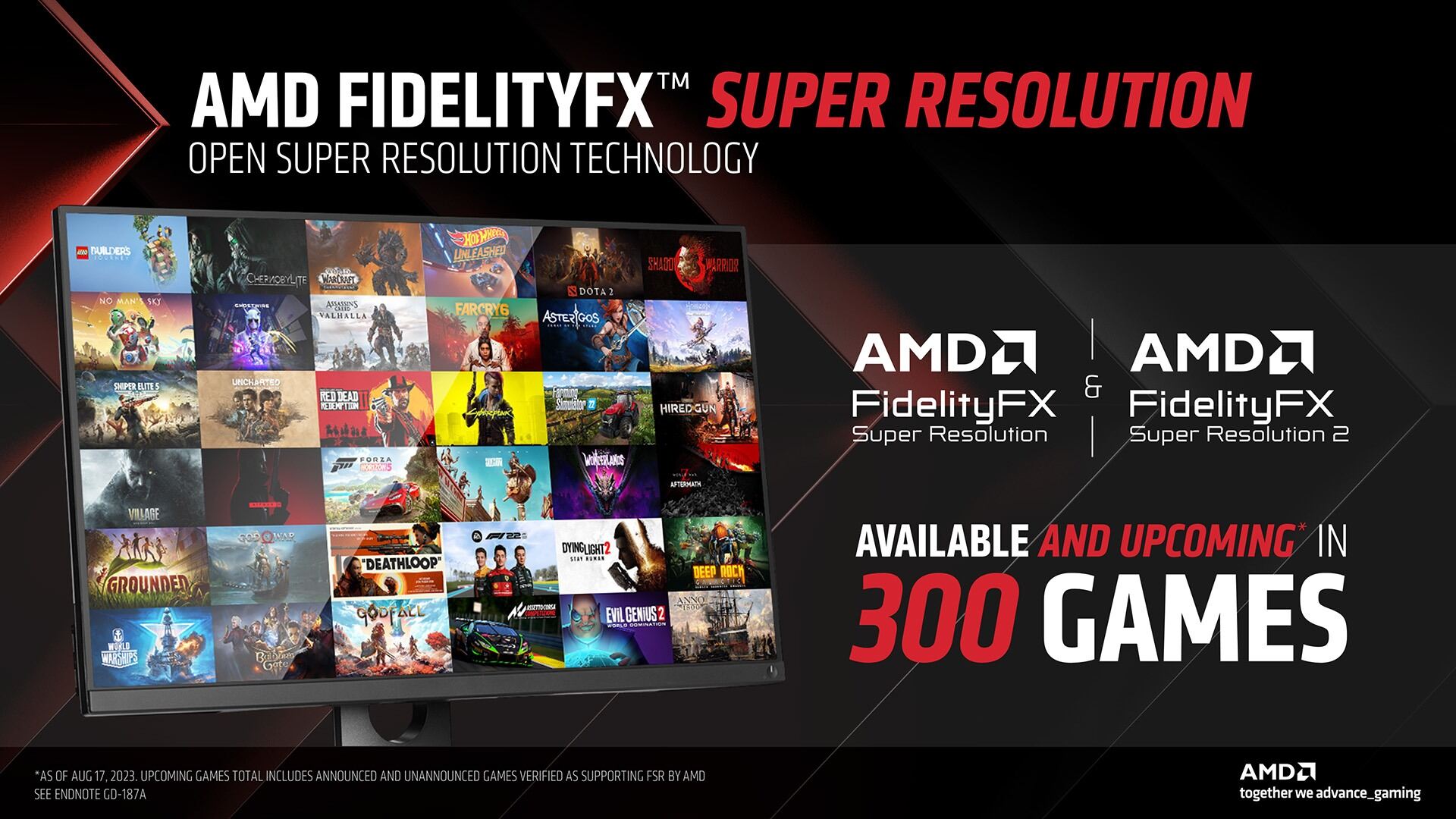 AMD FSR 3 available in over 300 games message, with some game images shown.