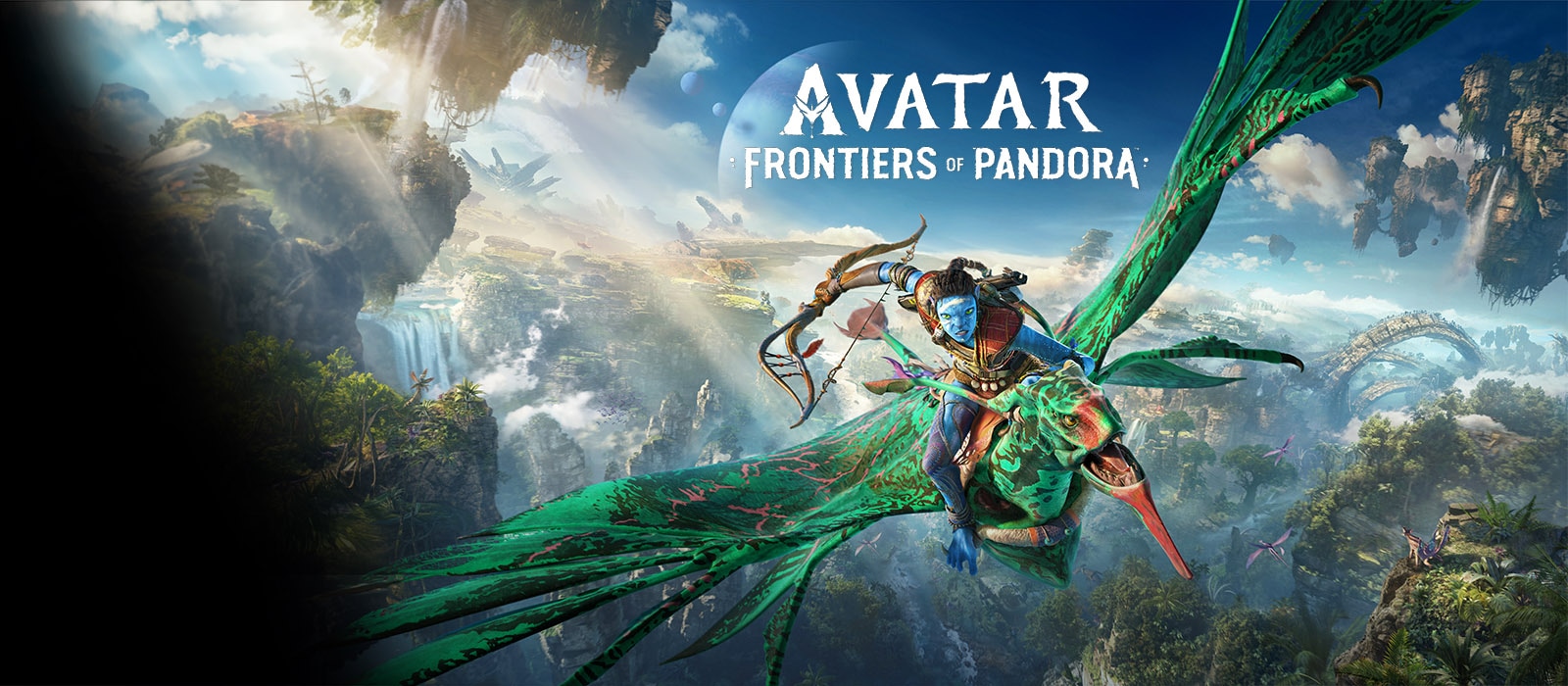 Avatar: Frontiers of Pandora splash image with a flying creature complete with rider, flying through a lush landscape.