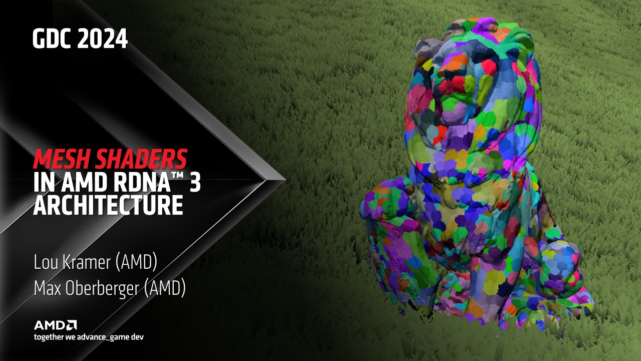 Mesh Shaders in AMD RDNA 3 Architecture with a lion in grass next to it, depicting mesh shaders in multiple colours.