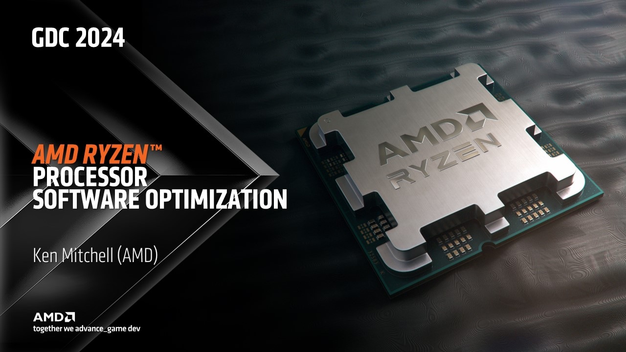 AMD Ryzen Processor Software Optimization by Ken Mitchell at GDC. Image shows a Ryzen chip on a grey background