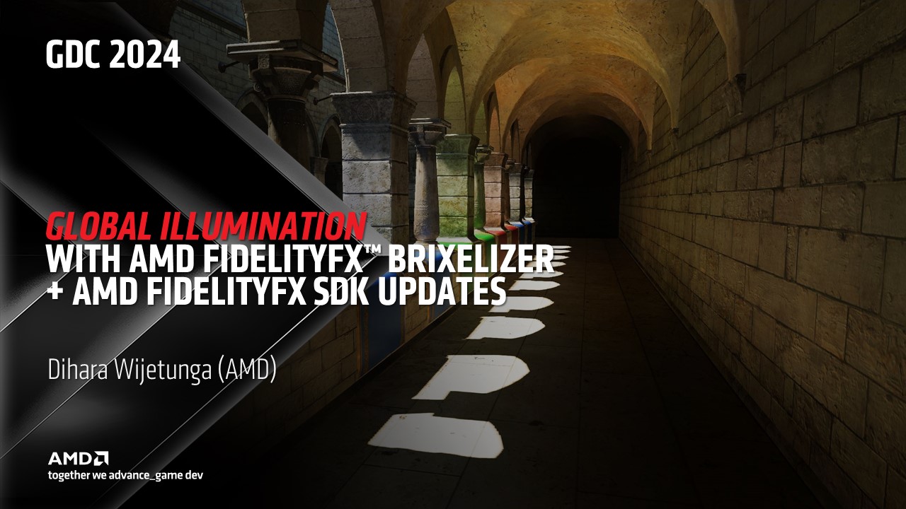 Global Illumination with AMD FidelityFX Brixelizer + AMD FidelityFX SDK updates text, on a background of a scene from Sponza, showing global illumination