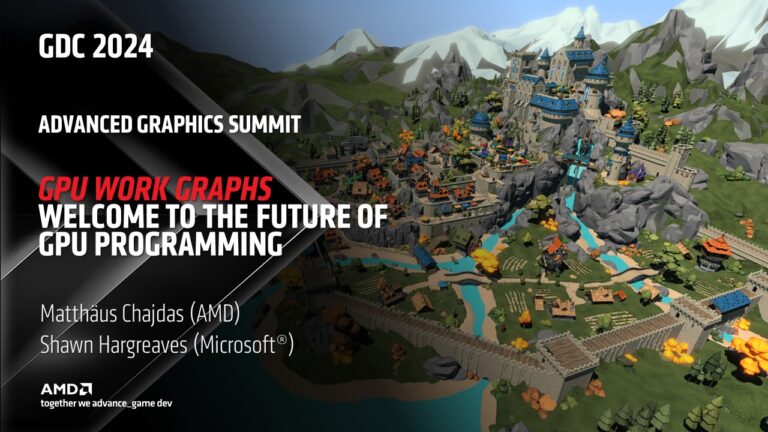 Advanced Graphics Summit. GPU Work Graphs: Welcome to the Future of GPU Programming text, on a backdrop of a city scene from the presentation.