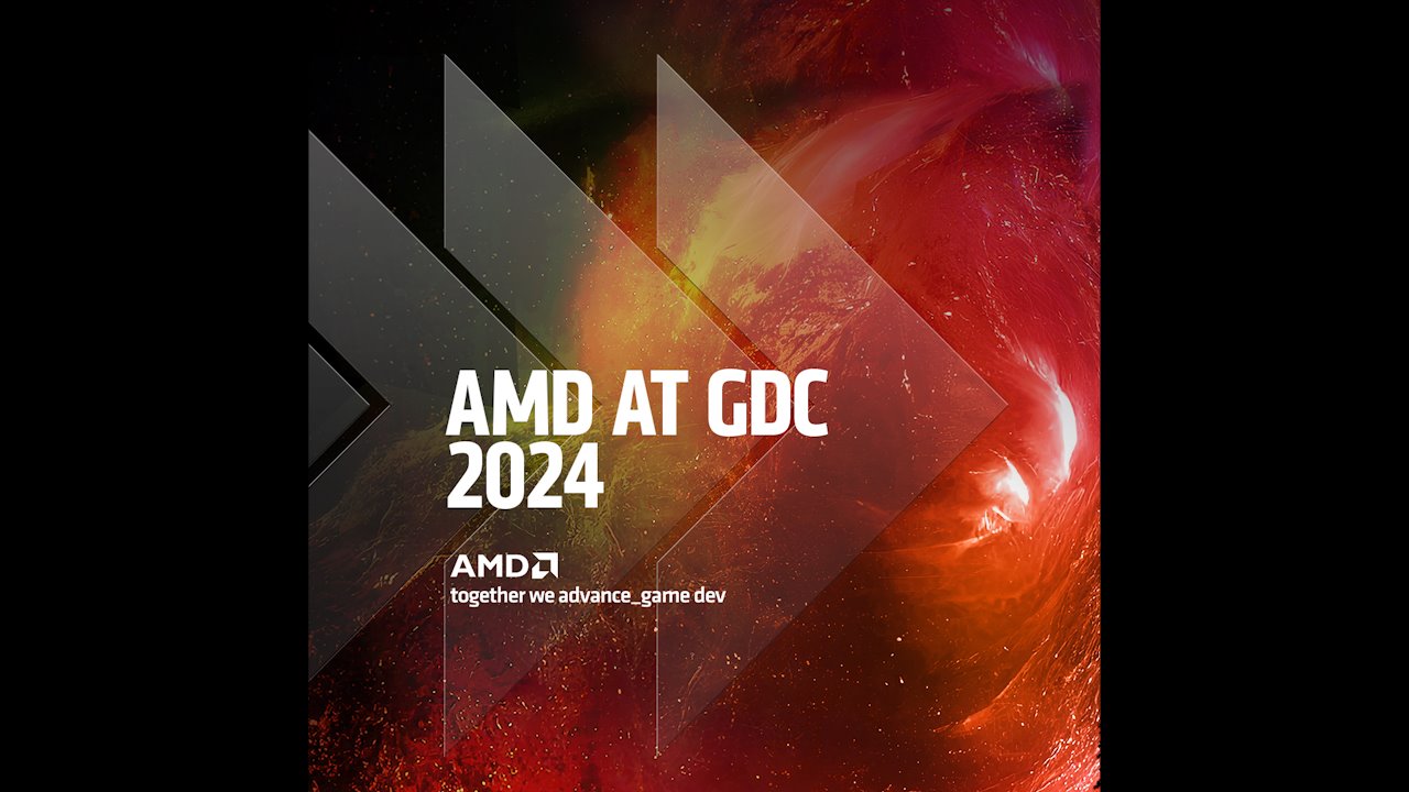 AMD at GDC 24 text with AMD together we advance game dev logo.